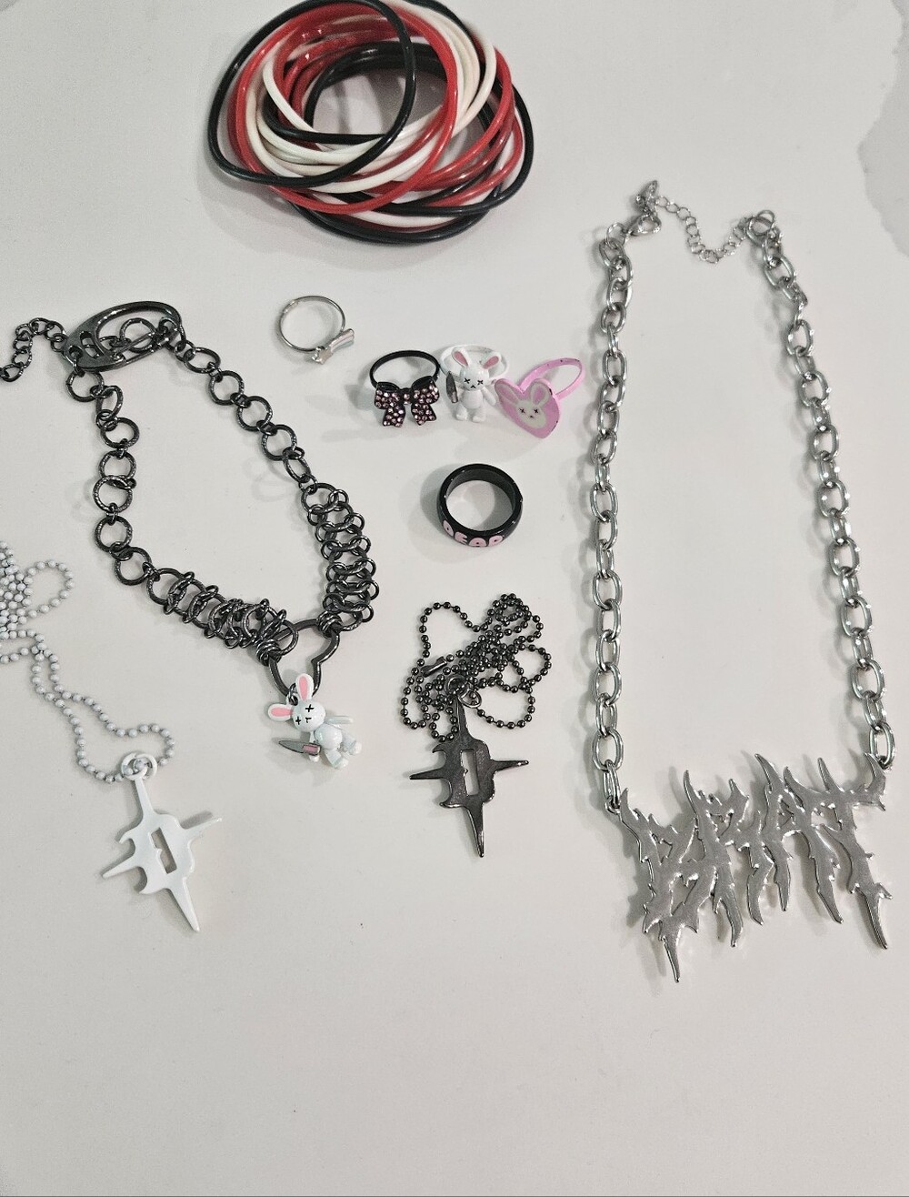 Dolls Kill Brat Necklace, Bunny Necklace & Ring Set - Black, Silver, White, Pink